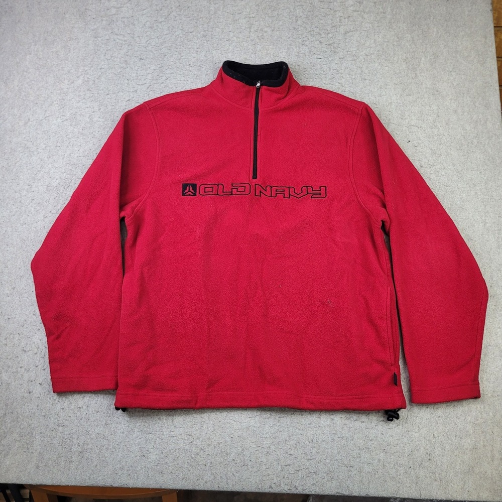 Y2K Old Navy 1/4 Zip Pullover Mens Large Red‎ Spell Out Fleece Vintage Sweater